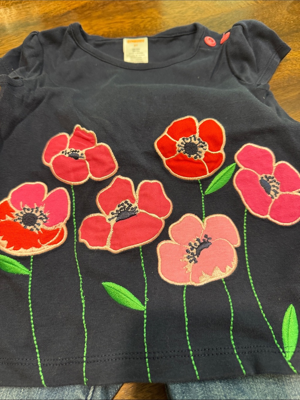 Gymboree Navy Tee with Pink and Red Floral Appliqués and Embroidered Jeans - Picture 3 of 7